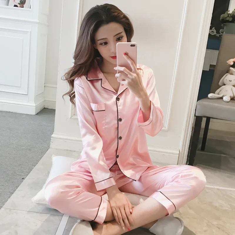 B Solid Color Sleepwear Silk Satin Pajamas Couple Set Long Sleeves Pyjamas Suit Pijama Women Men Loungewear Plus Size Pj Set Qme pajama set Pink M