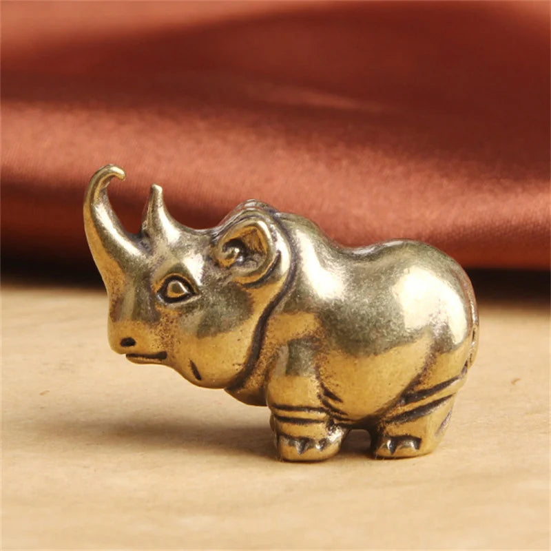 Antique Solid Brass Rhinoceros Figurine Desktop Decor Ornaments Tea Qme