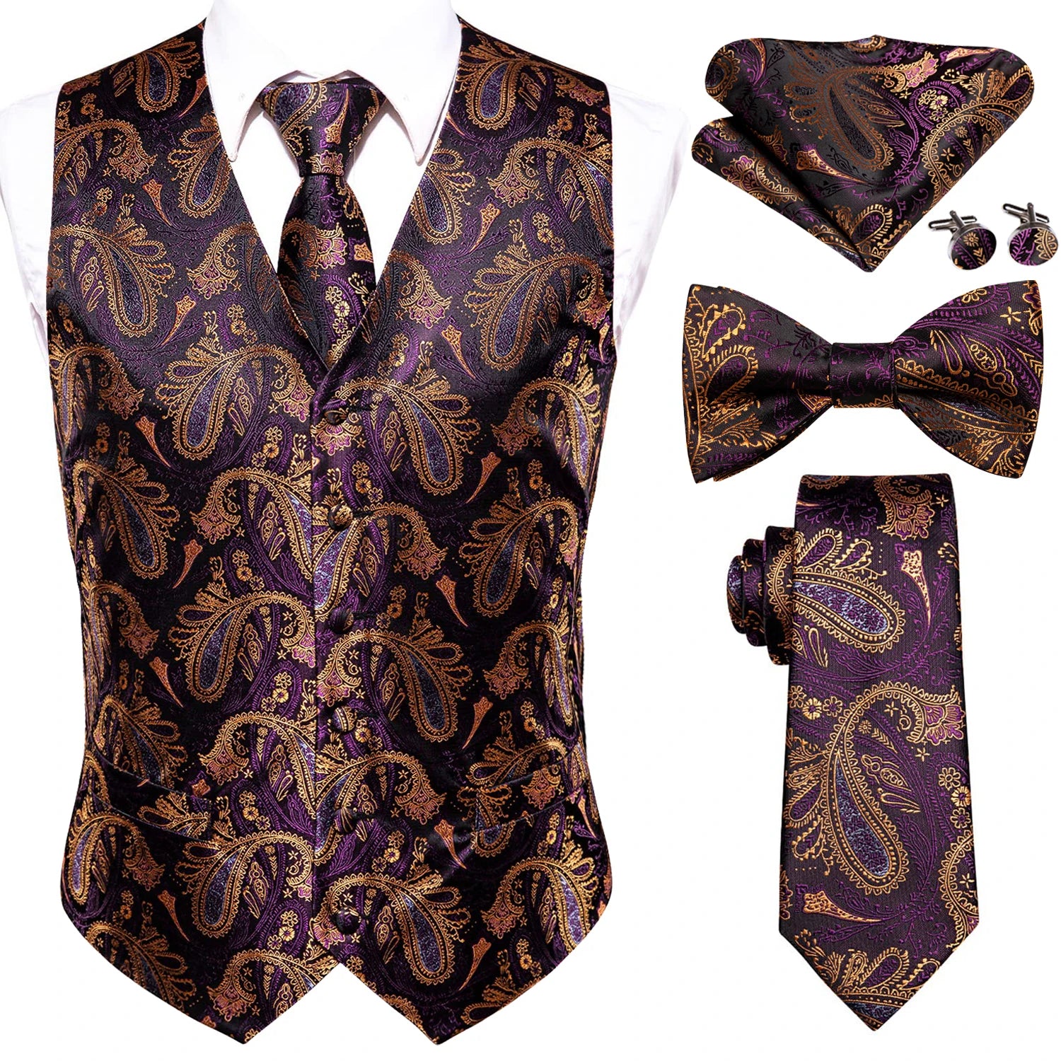 Luxury Gold Mens Suit Vest Red Blue Green Yellow Waistcoat Tie Bowtie Qme 0016-0752 XL