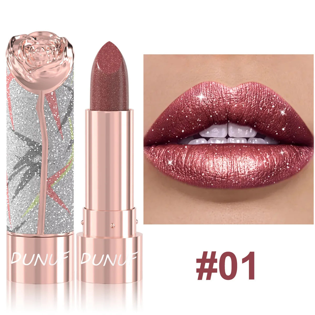 Rose Floral Diamond Lipstick Pearlescent Shimmer 3D Metallic Matte Smooth Creamy Sparkling Lipstick For Daily Party Makeup Qme 01
