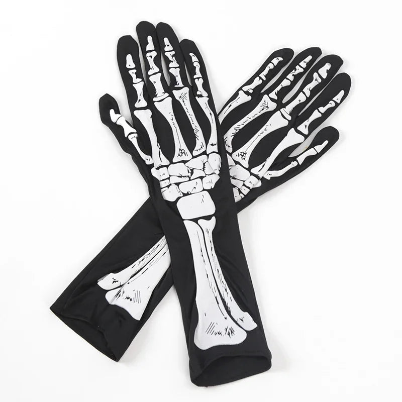 Black Punk Long Gloves Unisex Halloween Skeleton Skull Half Finger Qme black