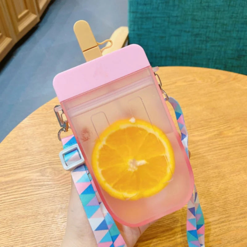 300ml popsicle ice cream cup, crossbody plastic straw water cup, simple and creative, portable cup, straw anti drop water bottle Qme pink <500ml