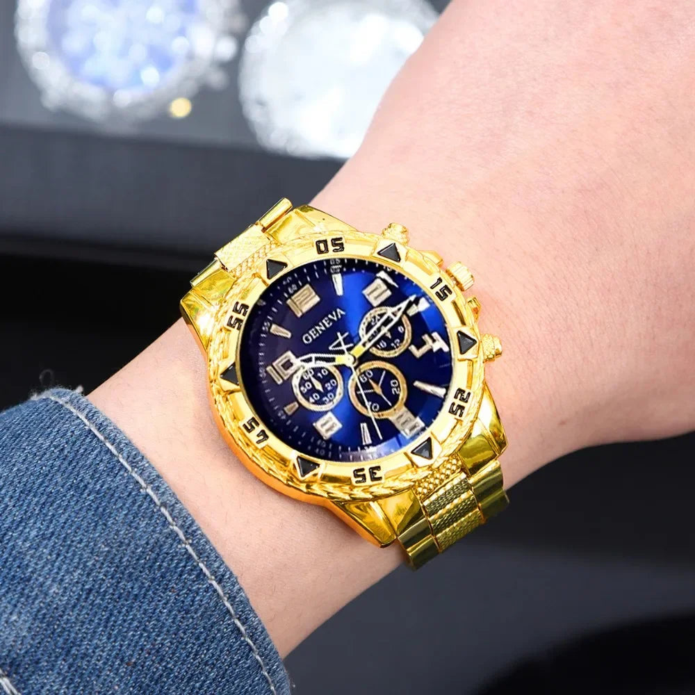 2026 Blue light glass men's watch steel strap quartz watch three eye business casual watch Qme