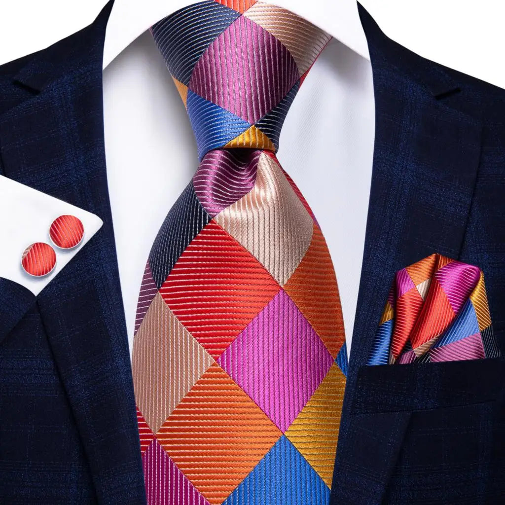 Hi-tie Designer Grey Plaid Novelty Silk Wedding Tie Men Handky