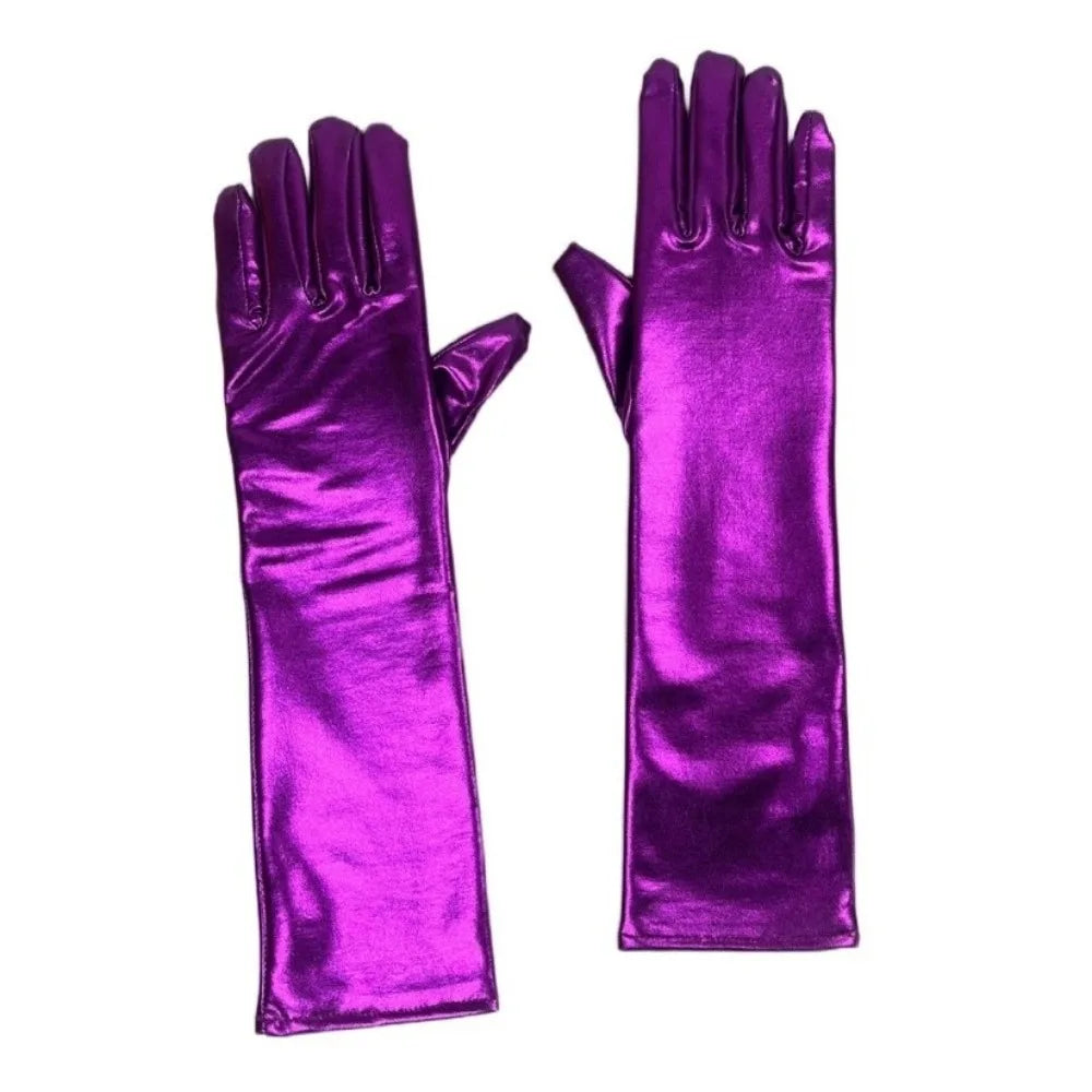 Simple Solid Color Patent Leather Gloves Elastic Shiny Long Gloves Sun Protection Lolita Women Mittens Halloween Cosplay Qme Purple