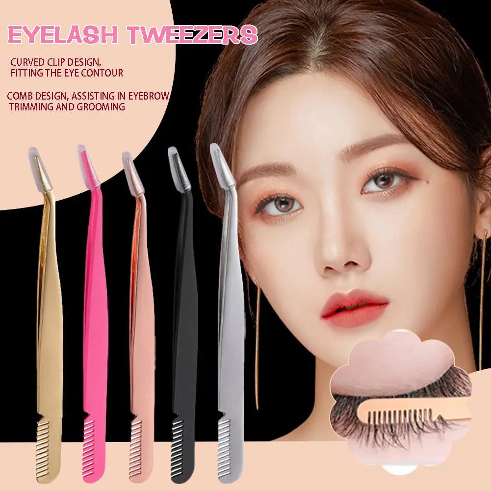Eyelash Tweezers Steel Eyelash Extension Tweezer with Comb False Lash Application Tool for Girls Women Beginner Makeup Qme