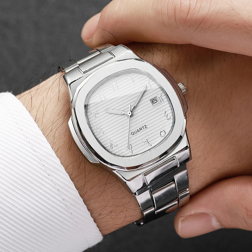Men's Casual Silver Jewelry Set, Silver Dial Arabic Numeral Quartz Watch with Stainless Steel Band and Cross Cutout Ring Qme