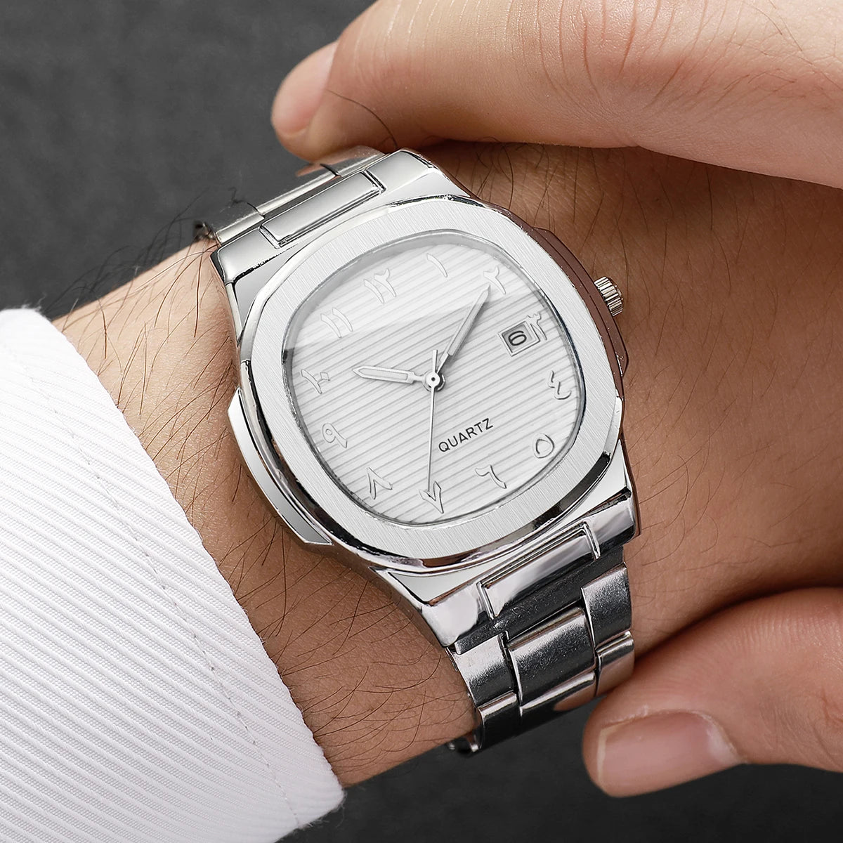 2-in-1 Casual Jewelry Set for Men, Silver White Dial Watch + Cuban Bracelet, Silver Tone Qme