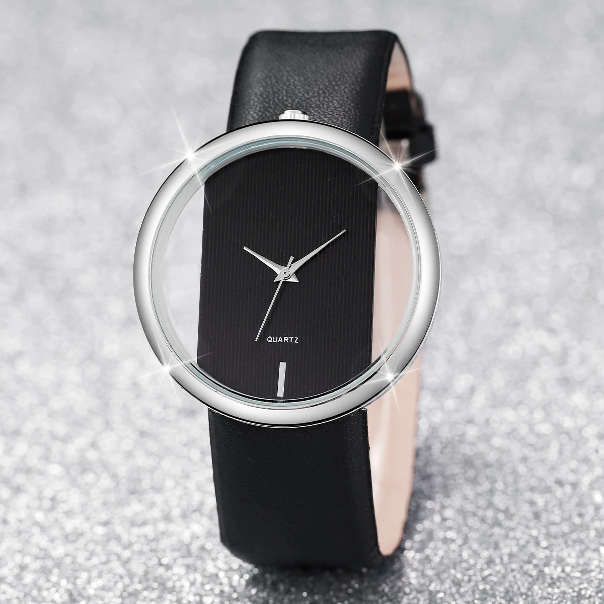 2026 Simple and Transparent Creative Cutout Fashionable and Dignified Leather Belt Couple Quartz Watch Qme 1PC Black