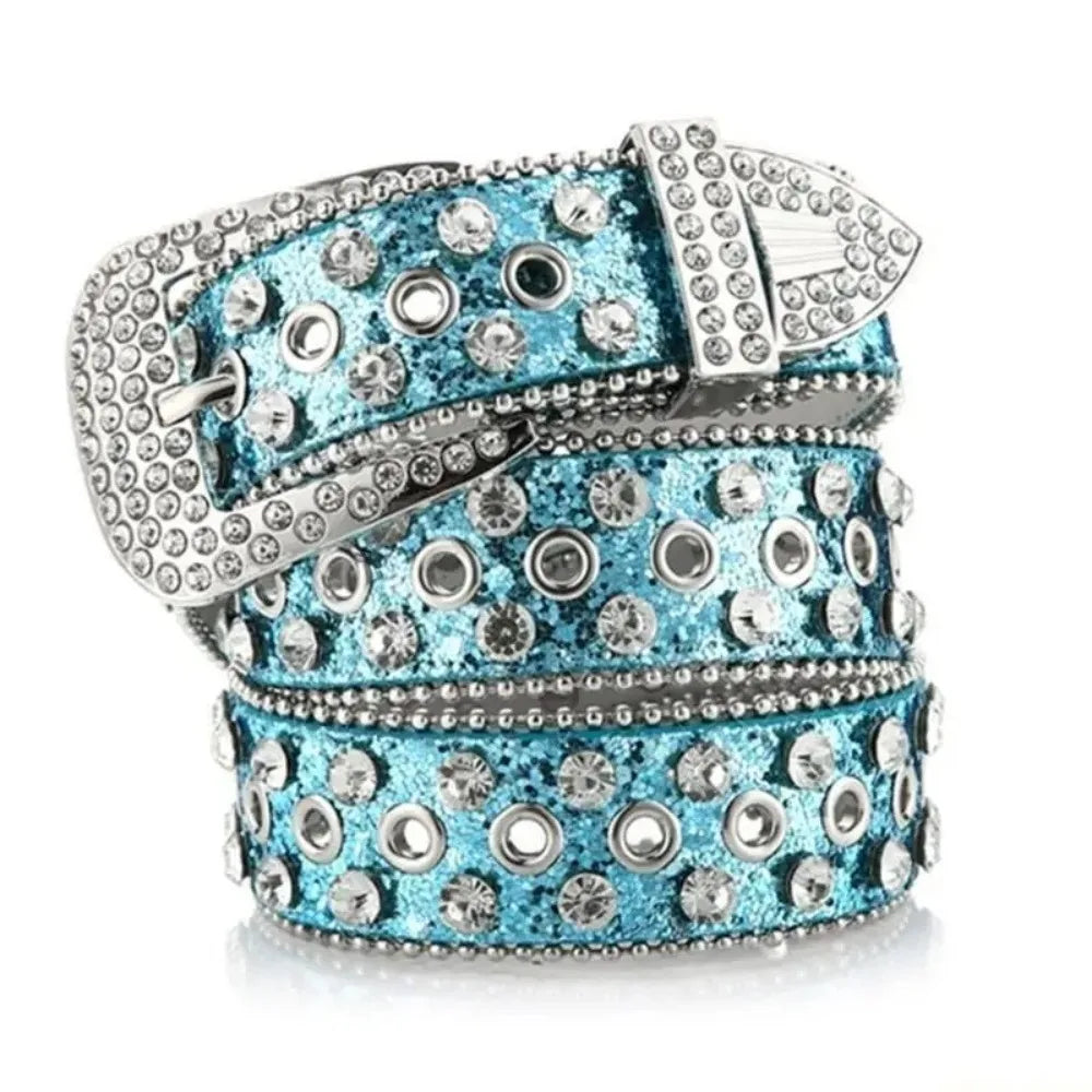 Simple PU Leather Rhinestone Belts Spicy Girl Blingbling Rivet Belt Qme Blue