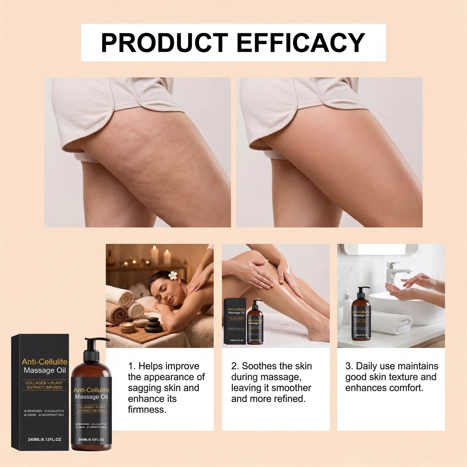 Firming Body Massage Oil with Collagen Anti Sagging Smoothing Cellulite Improve Skin Texture Refreshing Body Oil for Legs & Full Qme
