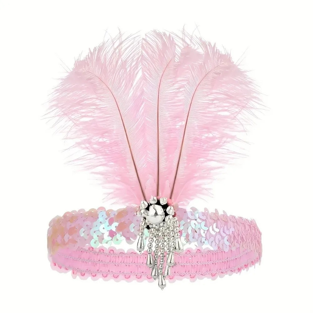 Exquisite Retro Women's Feather Headband Sequin 1920s Girls Hair Hoop Qme Pink