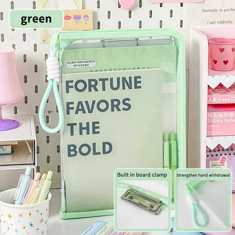 Portable File Folder Case Storage Organizer Bags Transparent Handle Qme 33CM green