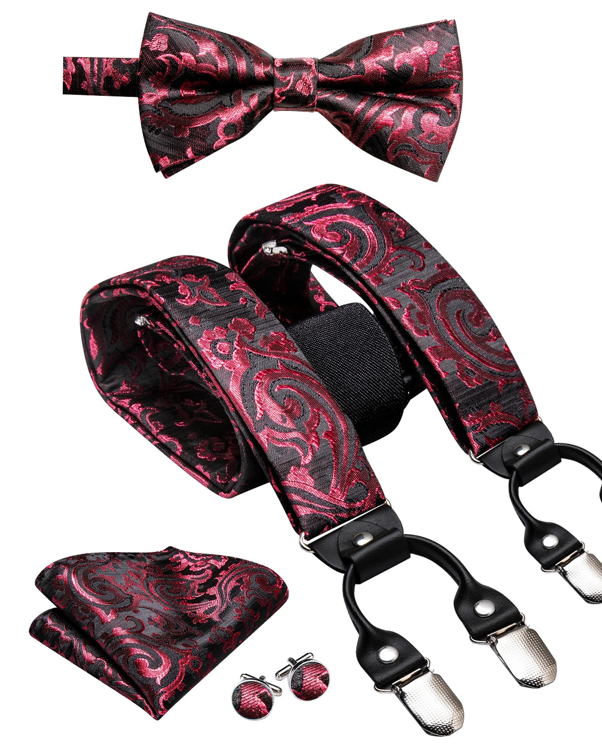 Hi-tie Silk Men's Suspender Metal 6 Clips Braces Bow Tie Hankerchief