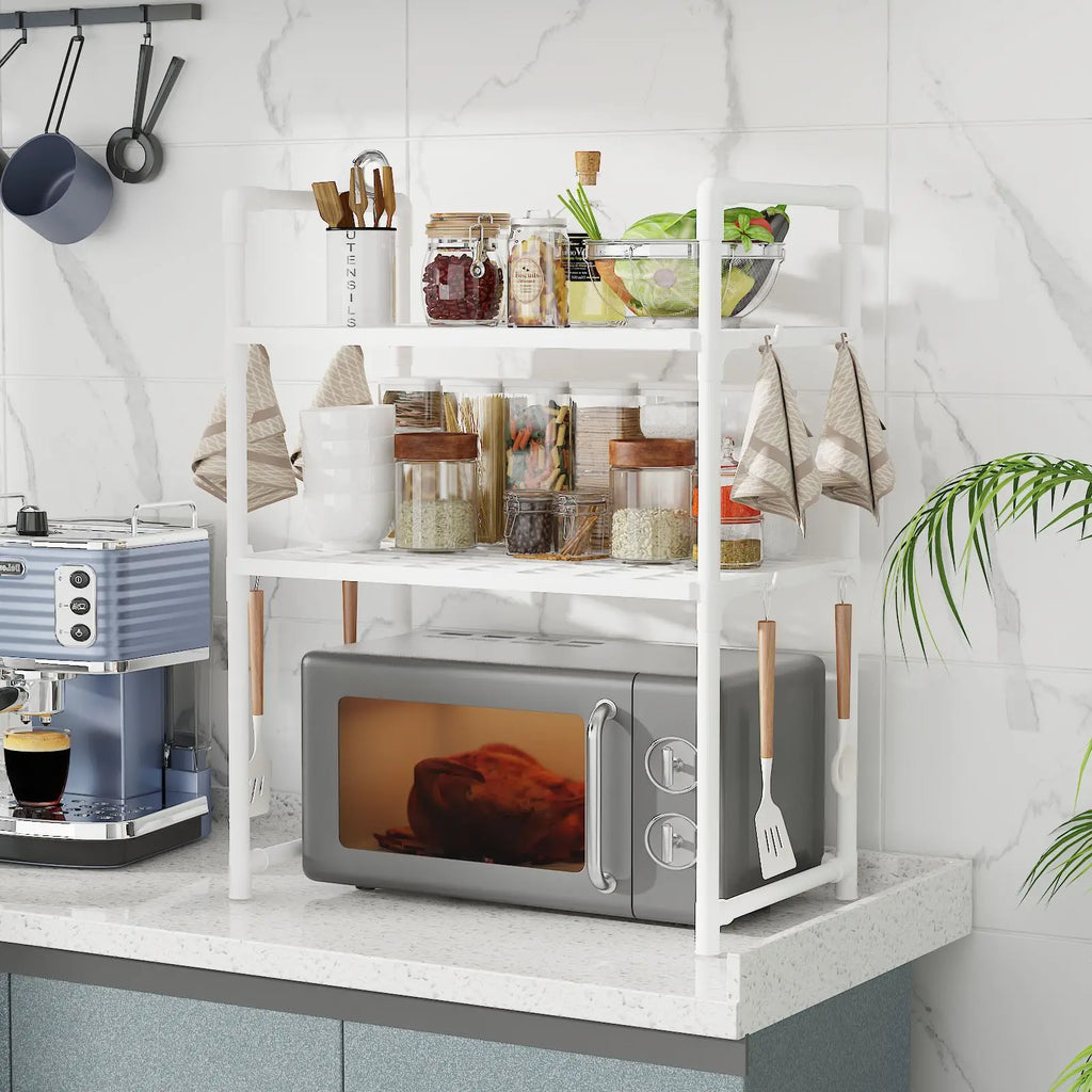 Extra Wide Microwave Stand - 2-Tier Heavy-Duty Kitchen Shelf for Oven Toaster & Spice Racks with Handrail Hooks Non-Slip Qme