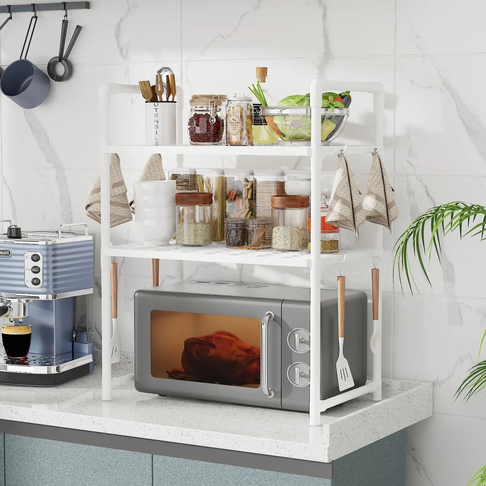 Extra Wide Microwave Stand - 2-Tier Heavy-Duty Kitchen Shelf for Oven Toaster & Spice Racks with Handrail Hooks Non-Slip Qme