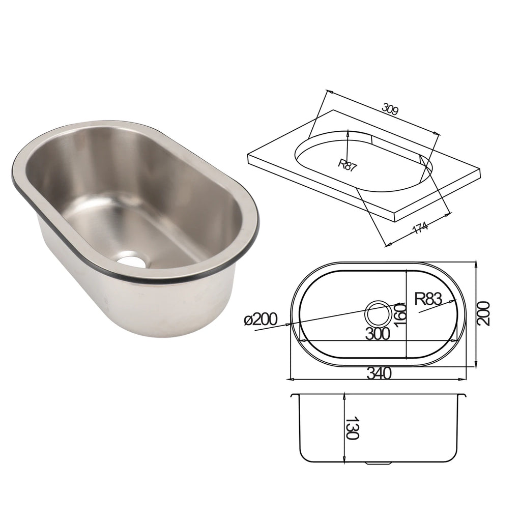 304 Stainless Steel Bar Sink Oval Shaped Washbasin Sink with 40mm Drain Hole for Boat Caravan RV Camper 13.6×8×5.2in Qme