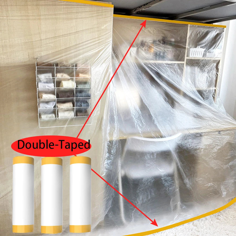Double Pre-Taped Masking Film PE Drop Cloth Sheeting for Automotive Painting Furniture Living Room Dust-proof Protect Qme