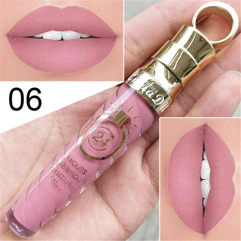 20 Colors Lipstick Waterproof Long Lasting Matte+Shimmer Mental Beauty Lip Gloss Nude Glitter Lip Gloss Beauty Red Lip Tint New Qme 06