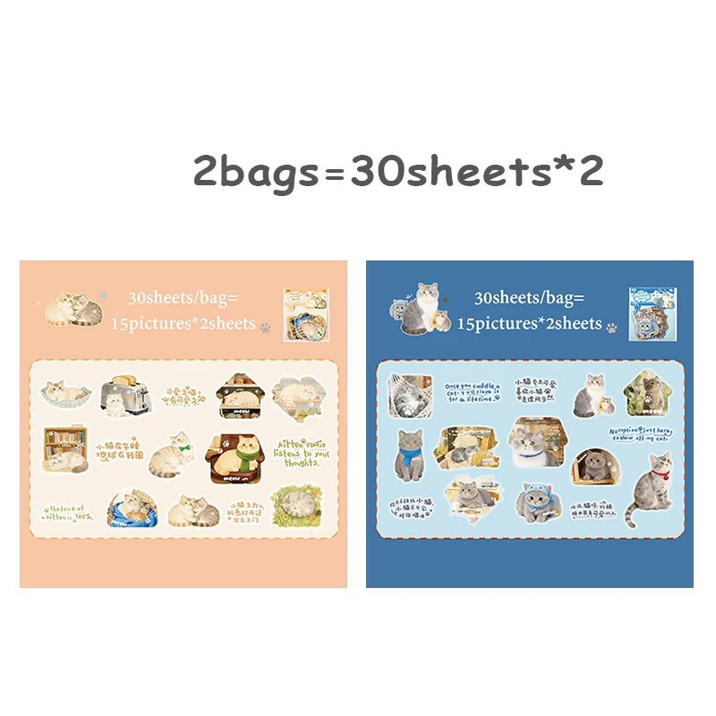 2 Bags Cat Diary Sticker Pack, Journal Scrapbooking Supplies, Cute Healing Aesthetic Multi-Use Stationery Gift Qme B