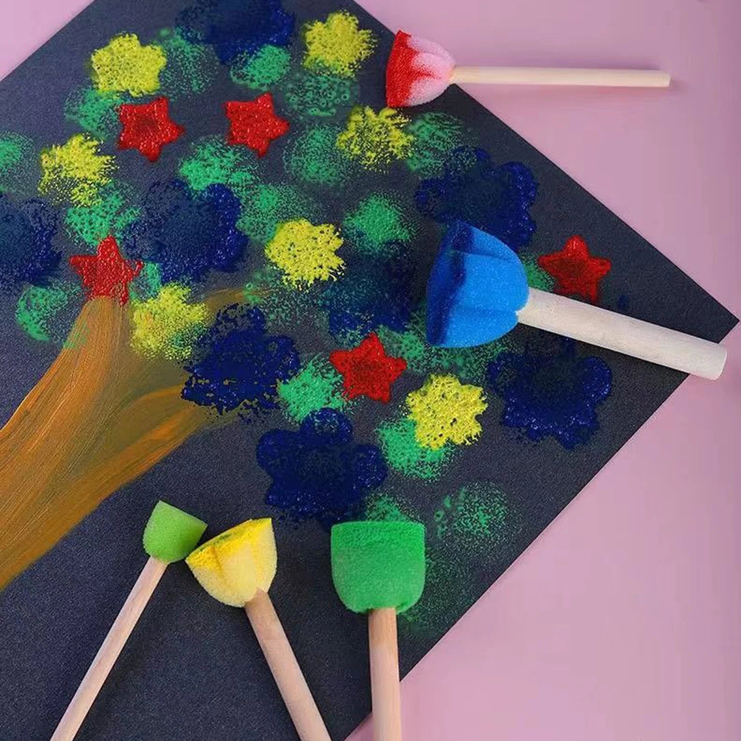 Foam Sponge Brush with Wooden Handle Round Flower Multi Size Painting Tools for Kids Children DIY Acrylic Watercolor Varnishes Qme