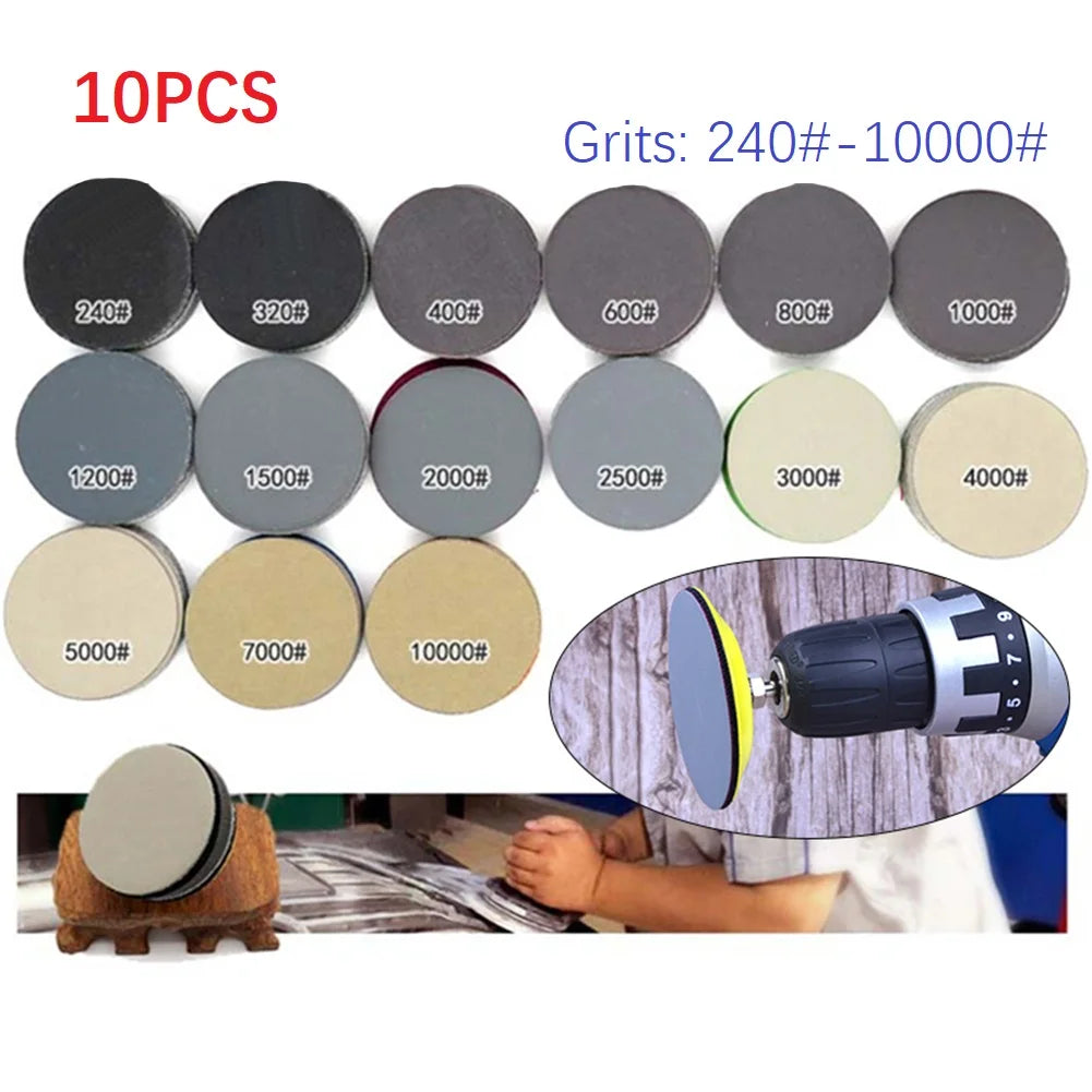 10Pcs Wet/Dry Sandpaper 3 Inch 75MM Hook And Loop Silicon Carbide 240-10000 Grits Waterproof Sanding Disc Qme