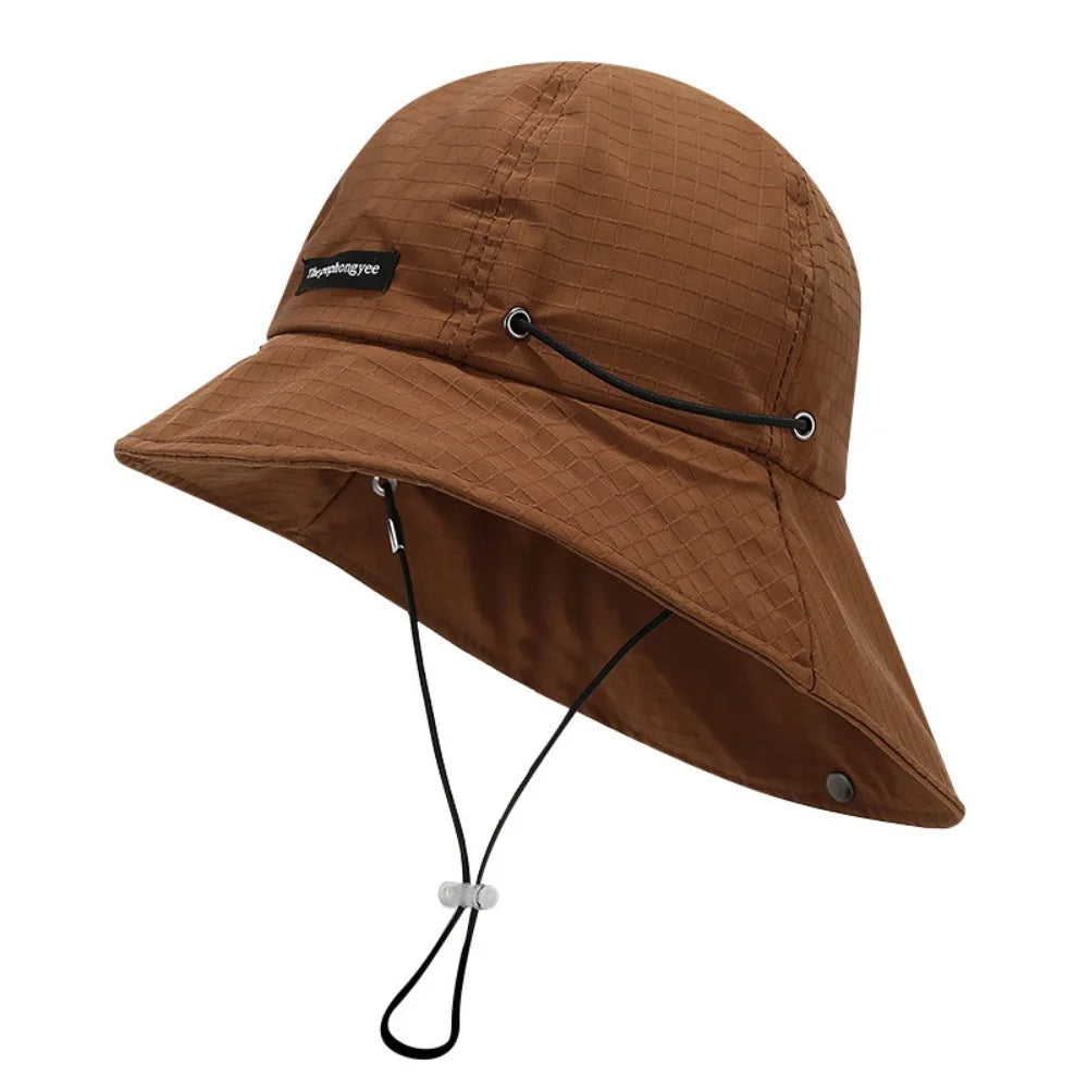 Simple Solid Color Drawstring Fisherman Hat Quick-drying with Neck cover Wide Brim Sun Hat Sun Protection Hiking Hat Summer Qme Coffee