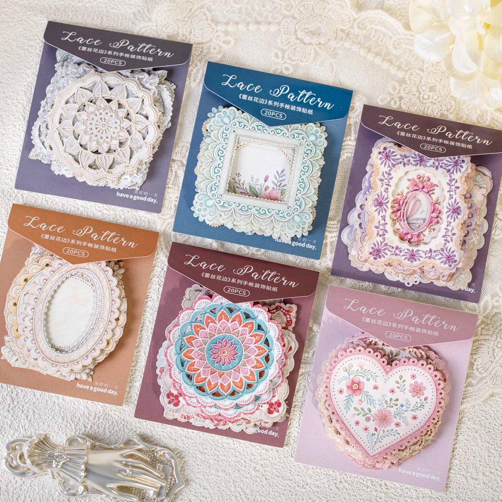 20 Sheets Lace Series Scrapbooking Decorative Stickers for DIY Photo Frame Collage Decoration Craft Supplies Qme