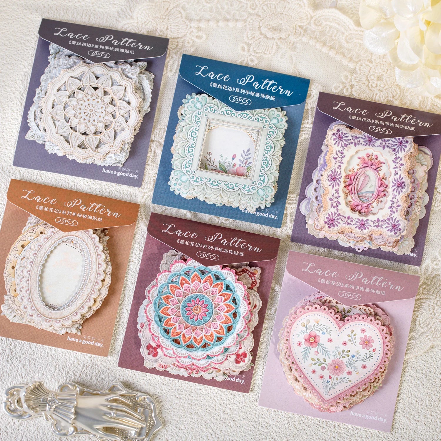 20 Sheets Lace Series Scrapbooking Decorative Stickers for DIY Photo Frame Collage Decoration Craft Supplies Qme
