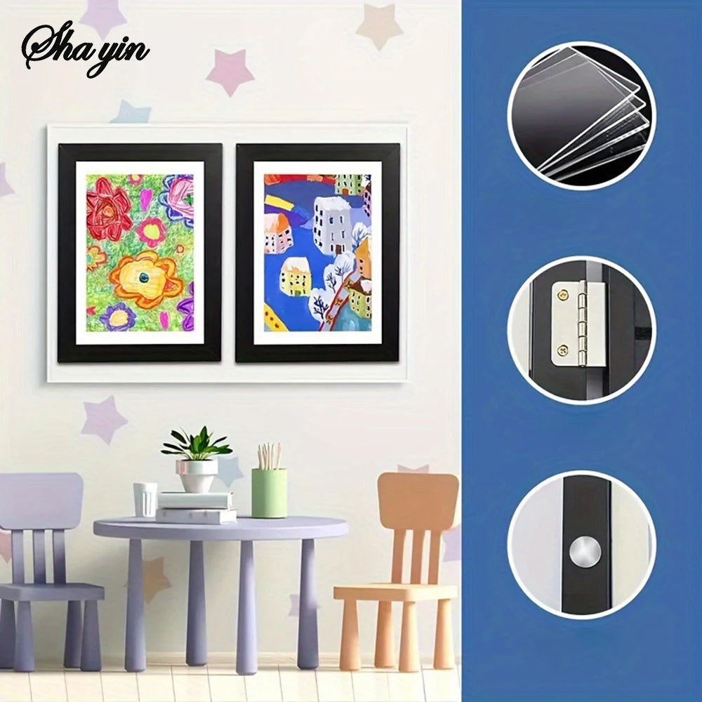 Flip Up Wooden Photo Frame, Magnetic Suction Frame, A4 Children's Photo Frame, Storage Frame, Art Work Certificate Frame Qme