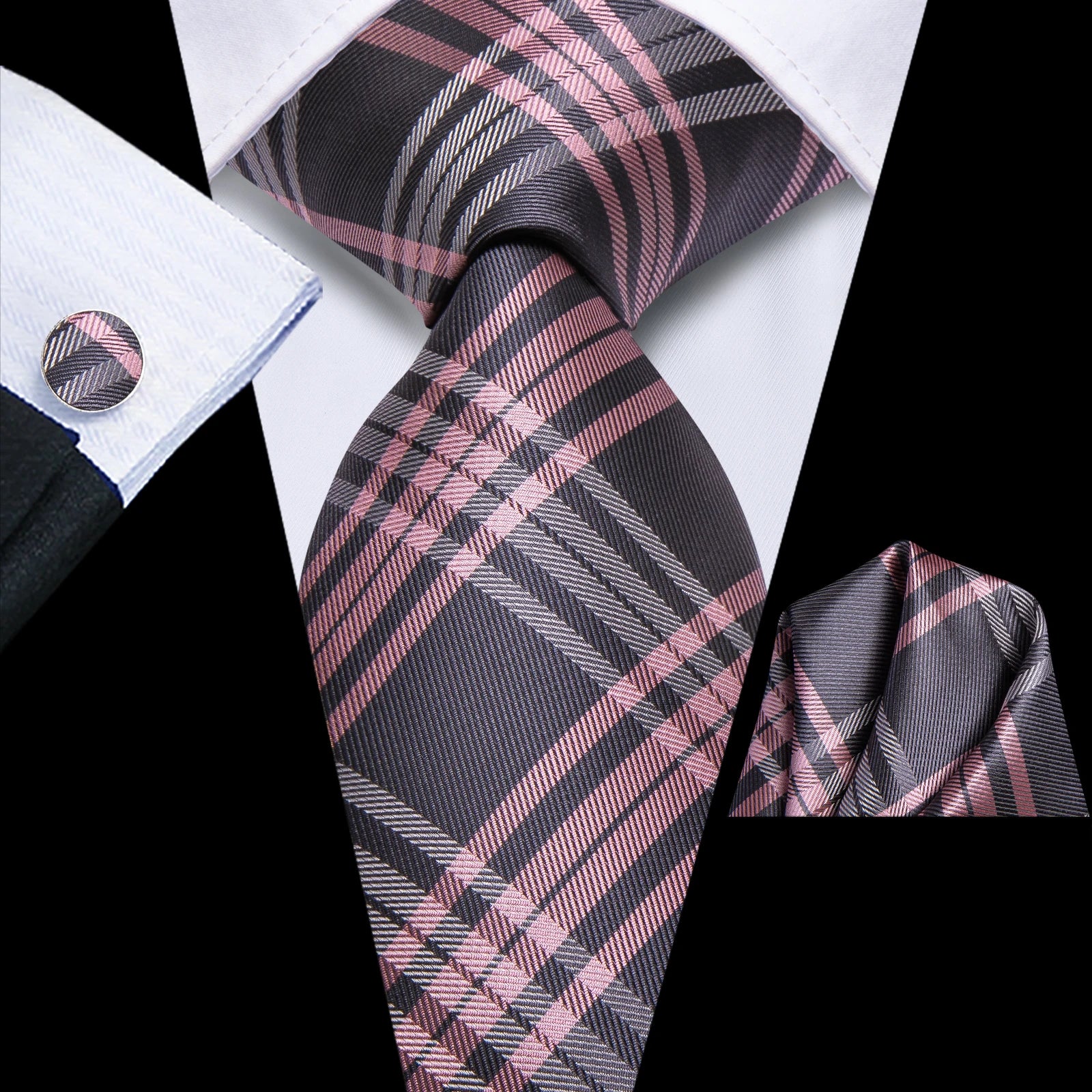 Hi-tie Men Pink Green Necktie Handkerchief Cufflinks Tuxedo Accessory Qme HT-N-0155