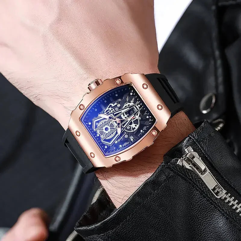 2026 Hollow out Richard wine barrel shaped quartz watch for men, silicone watch for men, business calendar, sports watch for men Qme