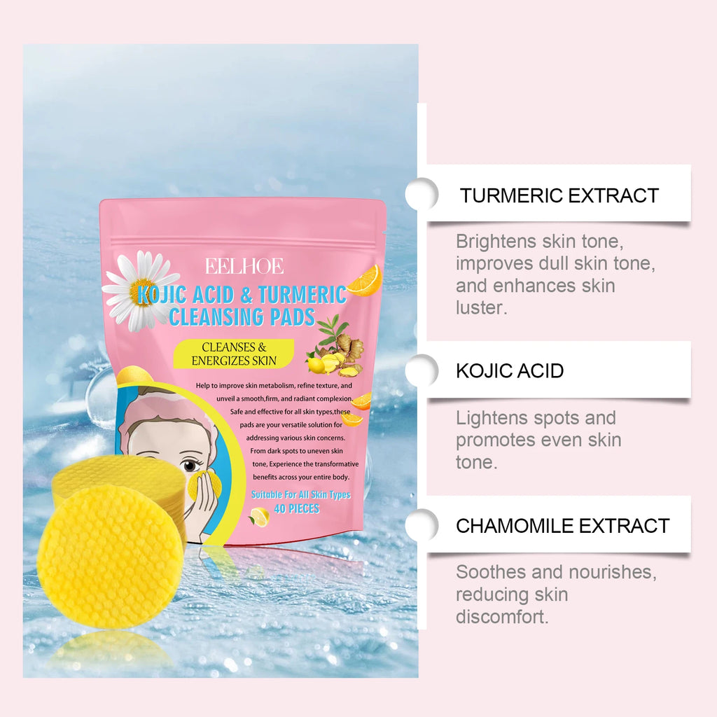 40pcs Turmeric Kojic Acid Cleansing Pad Gentle Cleansing Exfoliating Pads Fades Dark Spots Brightens Daily Cleansing Skin Care Qme