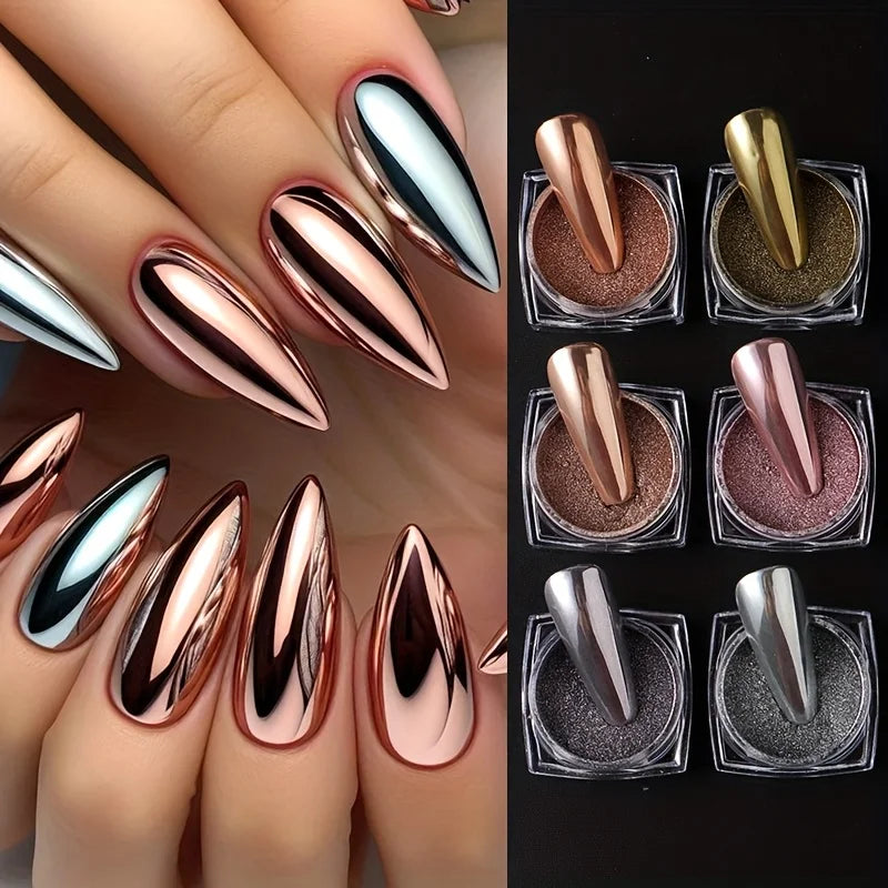 6 Retro Magic Mirror Nail Glitter Powders Chrome Pigments Y2K Rubbing Qme