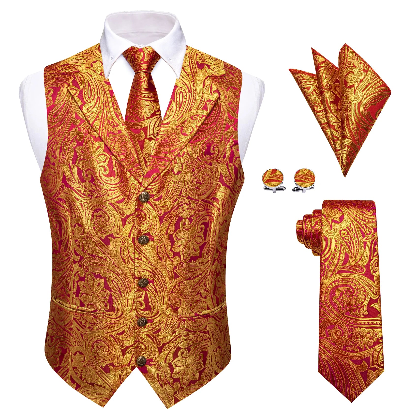 Mens Suit Golden Black Purple Orange Vest Tie Hanky Cufflinks Set Paisley Waistcoat for Male Wedding Busniess Qme MJTZ9505 XXXL