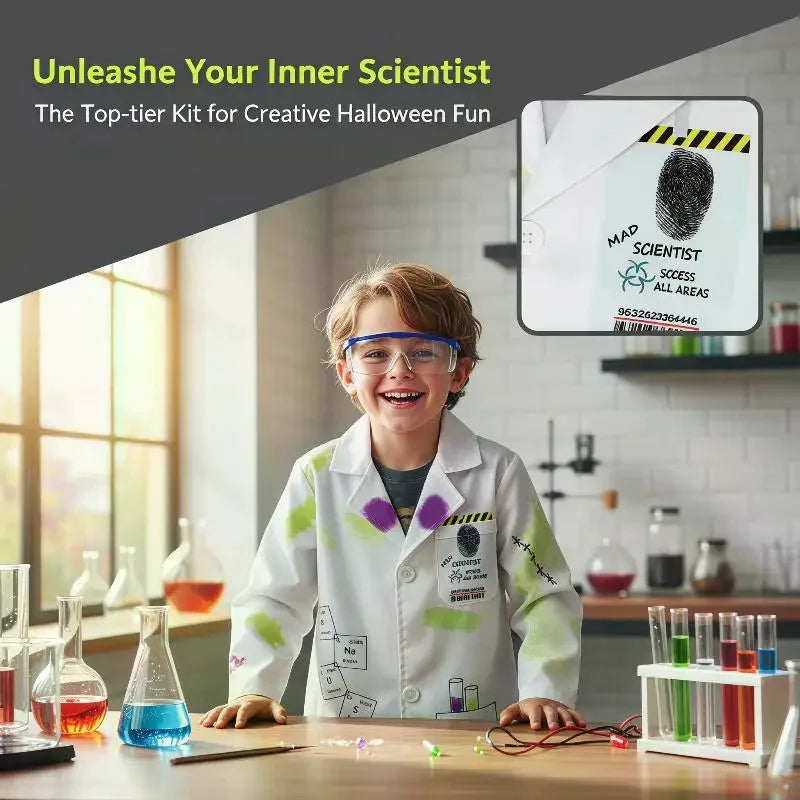 Kids Mad Scientist Costume With Printed Lab Coat & Safety Goggles, Great For Halloween Dress Up & Science Parties Qme