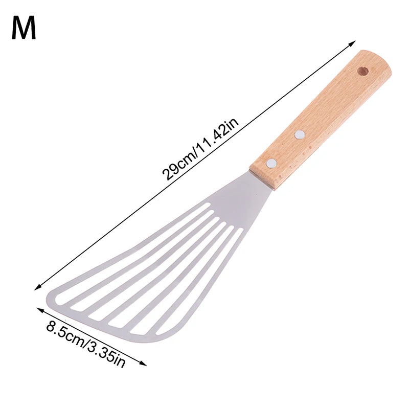 Stainless Steel Slotted Turner Fish Frying Shovel With Wooden Handle Fan-shaped Shovel Household High-temperature Frying Shovel Qme M