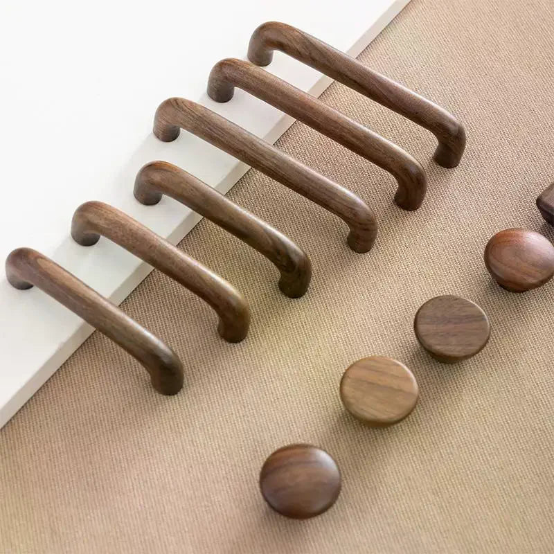 Natural Wood Color Cabinet Doors Solid Wood Handles Beech & Black Walnut Drawer Wooden Door Handles For Kitchen Bathroom Qme