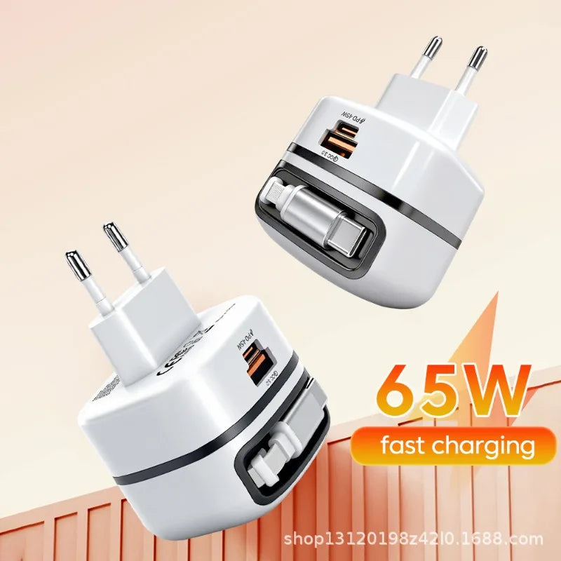 65W Foldable Wall Charger Retractable Cable Compact Travel Adapter Qme