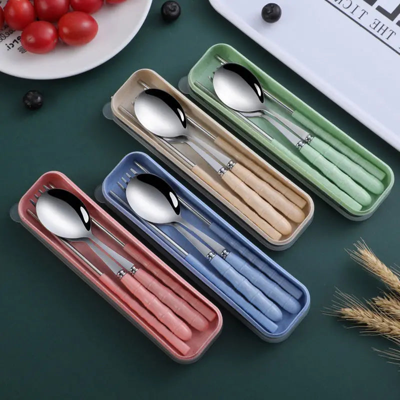 Portable Wheat Straw Cutlery Stainless Steel Spoon Fork Chopsticks Qme