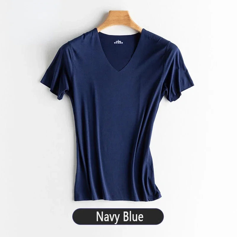 Men's Ice Silk Thin Cool Feeling V-Neck Large Size Men T-Shirt Short Sleeve Loose T-Shirt Solid Color for Male Tops Tees Qme DBe 2XL