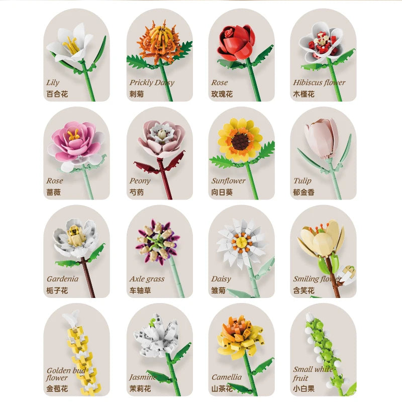 Building block flower set, DIY floral decoration kit, suitable for desktop decoration and room accessories – a perfect gift idea Qme 16-in-one-set