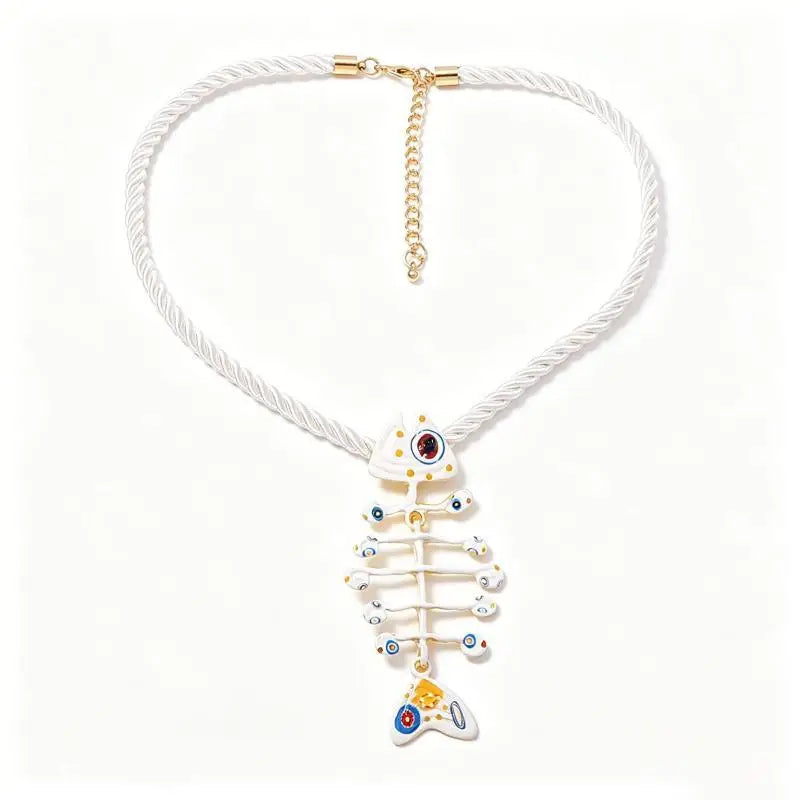 Hand Woven Boho Rope Pendant Necklace Alloy Printed Fish Bone Decor Non-irritating Neck Jewelry for Teen Girls Qme A4