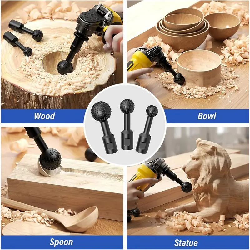A02F-Ball Gouge Attachments-Sphere Rotary Burr Set(3-PC), 5/8-11 Threads For 4-1/2" 5" Angle Grinder, For Wood Hollowing Qme