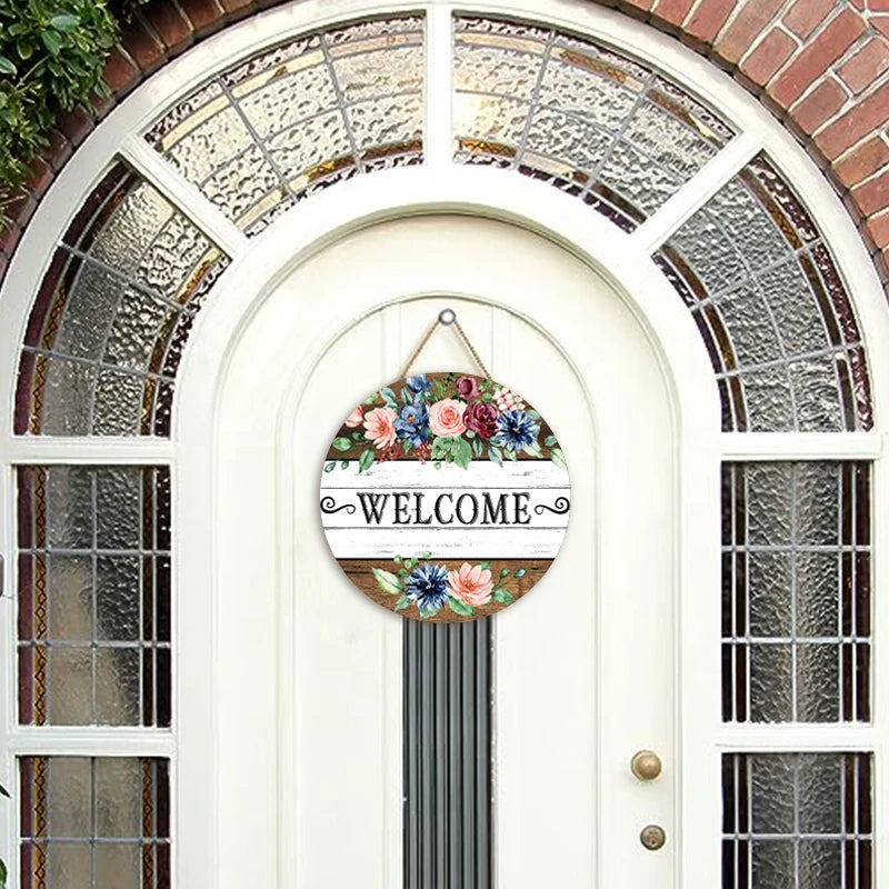 Rustic Flower Welcome Wall Hanging Decor Round Wood Art Plaques Sign Door Sign for Spring Home Living Room Decor Qme