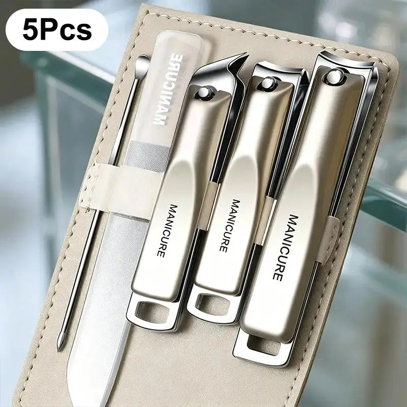 Professional Nail Clippers 5 Rotating Leather Bag Manicure Tools Home Qme 5pcs