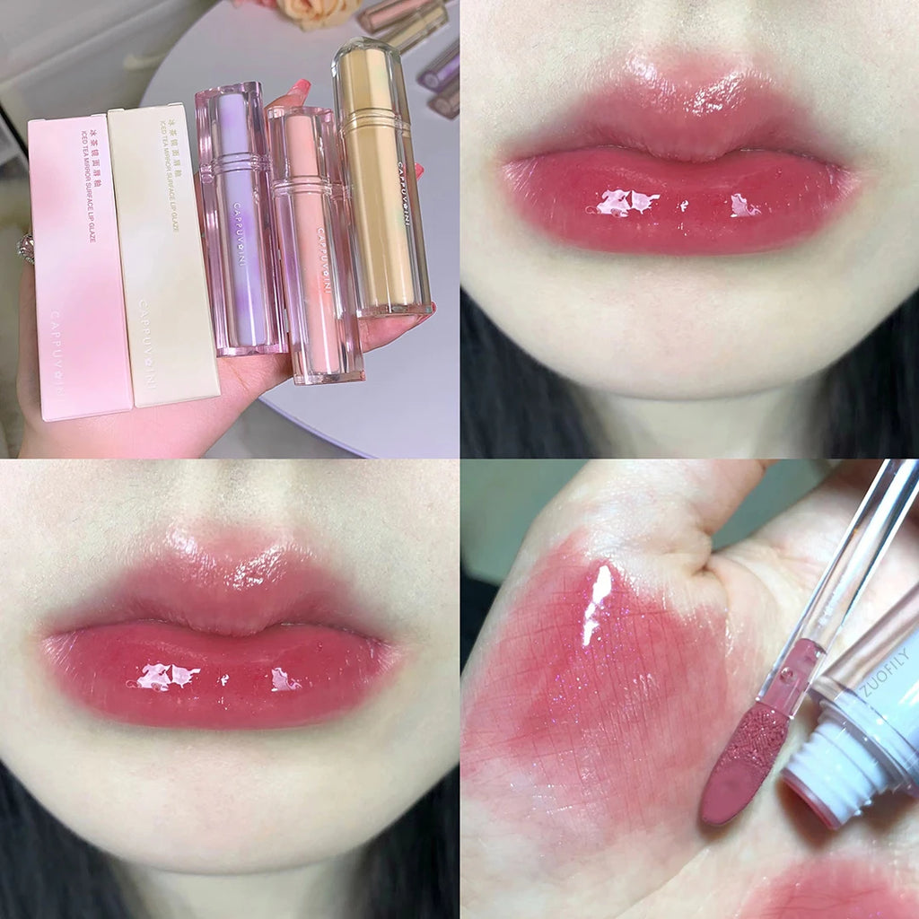 Iced Tea Mirror Lip Glaze Watery Lip Gloss Waterproof Lasting Transparent Jelly Liquid Lipstick Womon Beauty Makeup Lip Cosmetic Qme