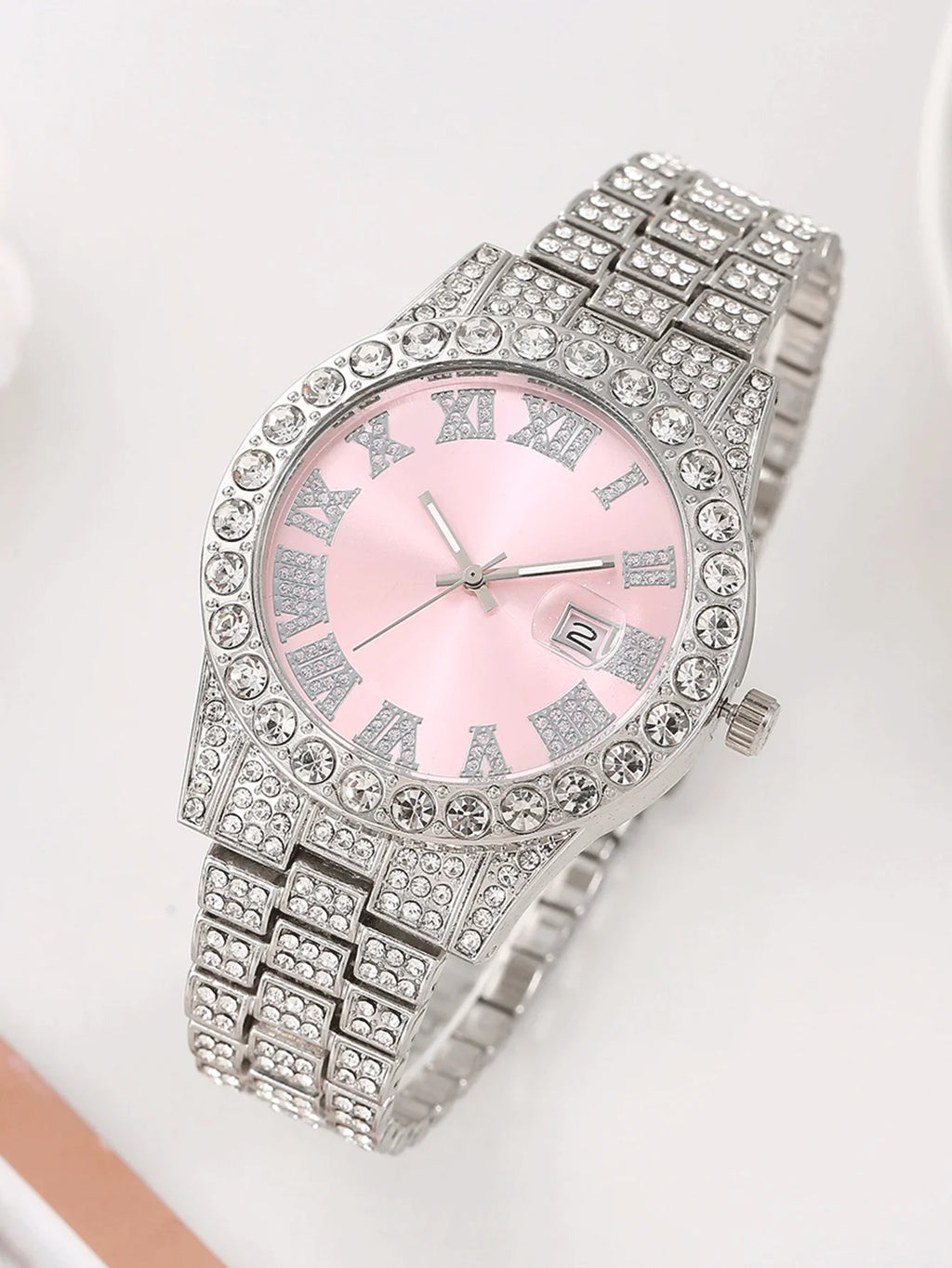 Women's Hip Hop Iced Out Jewelry Combo, Silver Plated Diamond Watch + Cuban Chain + Bracelet, Fashion Accessory Qme