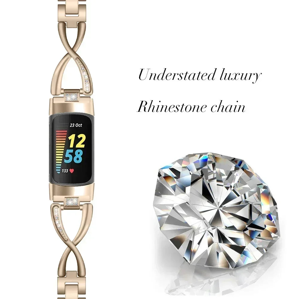 Fashionable Watch Band for Fitbit Charge 5 Smart Watch for Charge 5 Wrist Bracelet Band Zinc Alloy Diamond Strap Correa Metal Qme