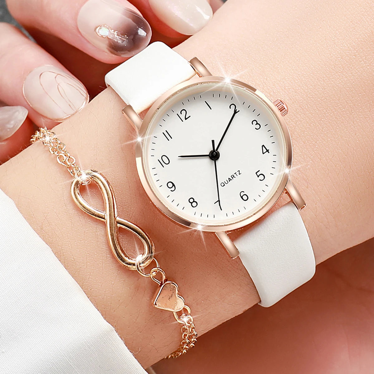 2Pcs Infinity Heart Watch Bracelet Set Women White Leather Round Dial Quartz Wristwatch Rose Gold Charm Bracelet Jewelry Gift Qme HH10521